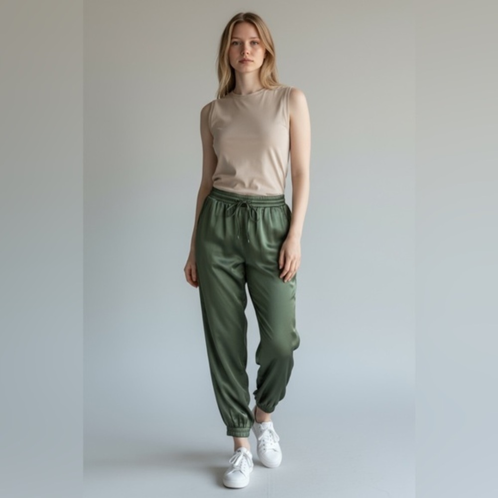 Cropped Satin Jogger Pants in Olive